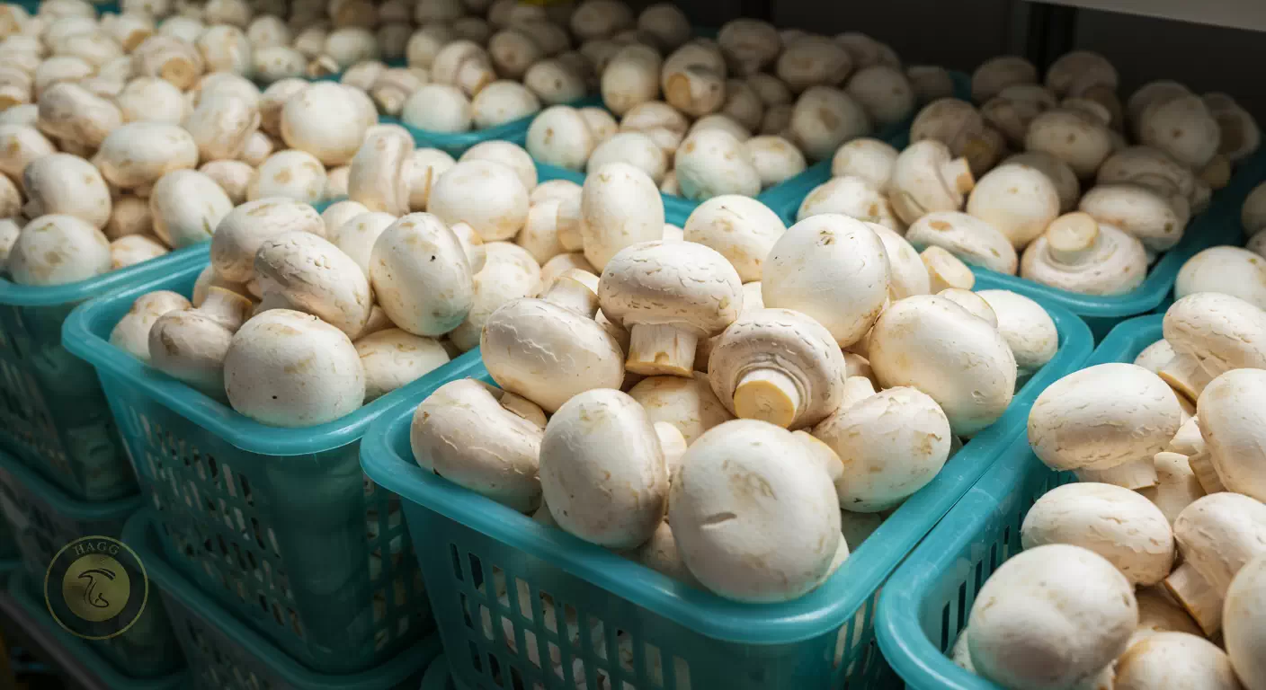 عکس مربوط به عکس قارچ ها در سبدهای پلاستیکی کارخانه