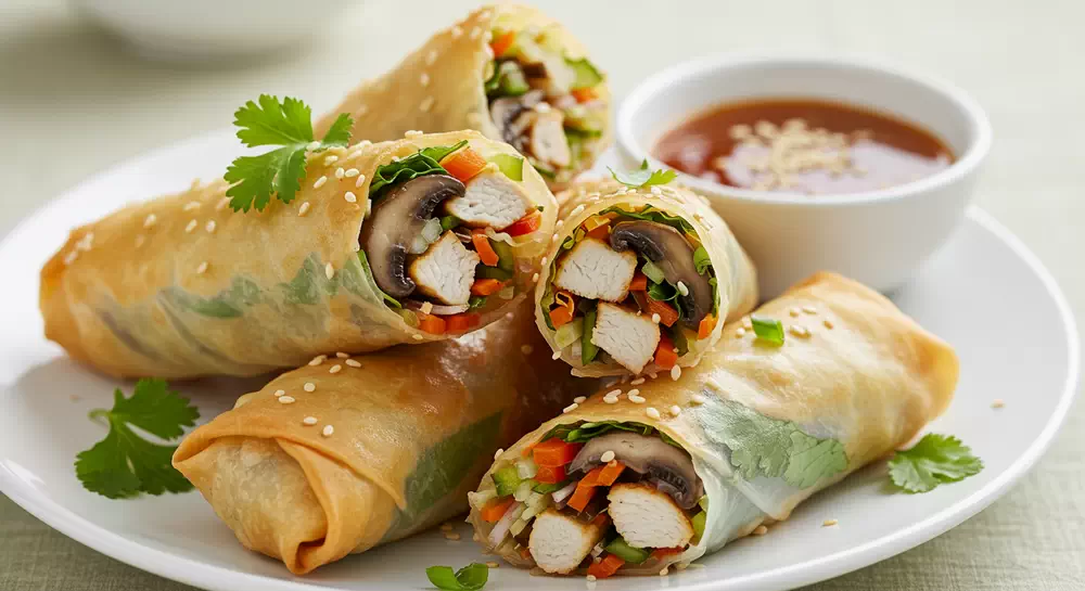 طرز تهیه اسپرینگ رول قارچ و مرغ با پنیر خامه ای