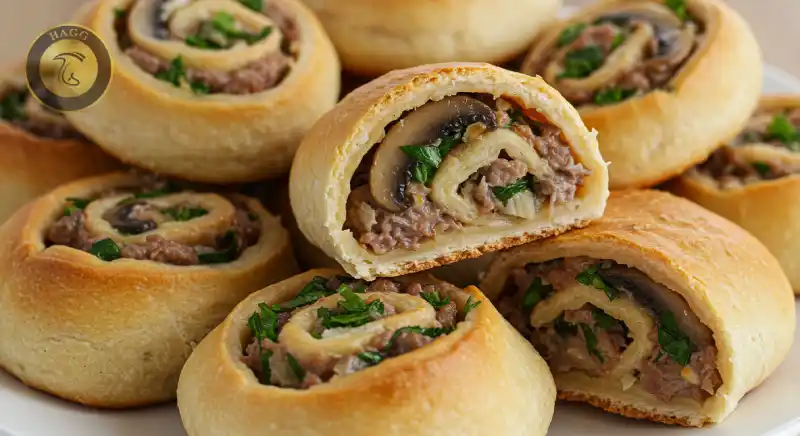 عکسی از طرز تهیه رولت گوشت چرخ کرده و قارچ که با خمیر دست ساز خانگی یا خمیر آماده هزارلا درست شده است. با یک طرز تهیه رولت گوشت رستورانی همراه ما باشید.