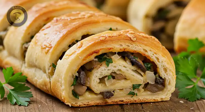 عکسی از طرز تهیه رولت قارچ که یک غذای بین المللی است.شما می‌توانید از رولت قارچ به عنوان یک فینگرفود گیاهی و پیش غذا رولتی در مهمانی استفاده کنید.