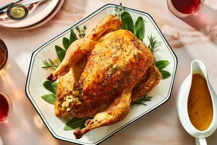 عکسی از یک دیس سفید که در آن یک مرغ شکم پر کامل قرار دارد. طرز تهیه مرغ شکم پر با قارچ