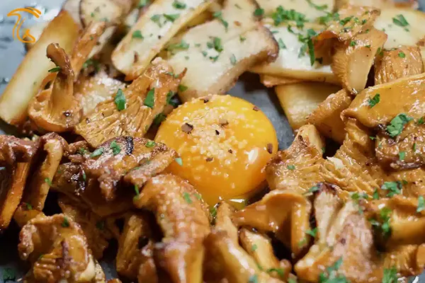 عکس یک ظرف غذای می باشد که در آن خوراک قارچ زرد پیچاک سرو شده است. و در وسط این خوراک یک زرده تخمر مرغ گذاشته اند. طرز تهیه زرد کیجا