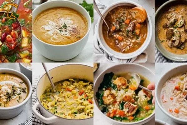 عکسی از 8 عدد کاسه‌ سفید از انواع سوپ است