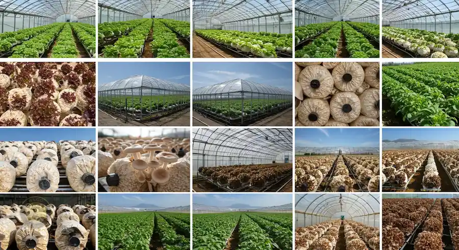 عکس مربوط به وضعیت تولید محصولات گلخانه‌ ای و پرورش قارچ در کشور است.