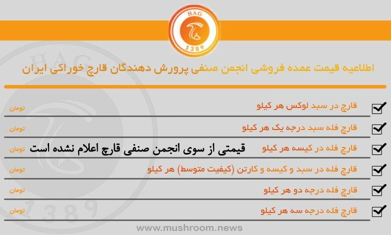 قیمت قارچ فله اعلام شده توسط انجمن صنفی پروش دهندگان قارچ کشور