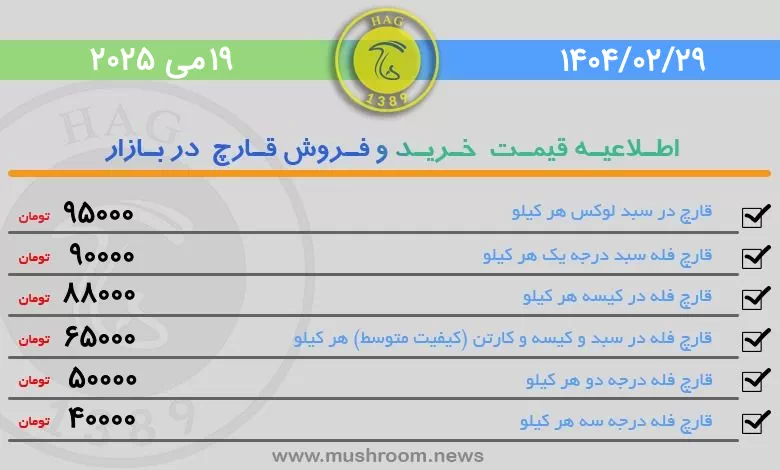 قیمت قارچ خوراکی فله در بورس قارچ تهران 29 اردیبهشت 1404