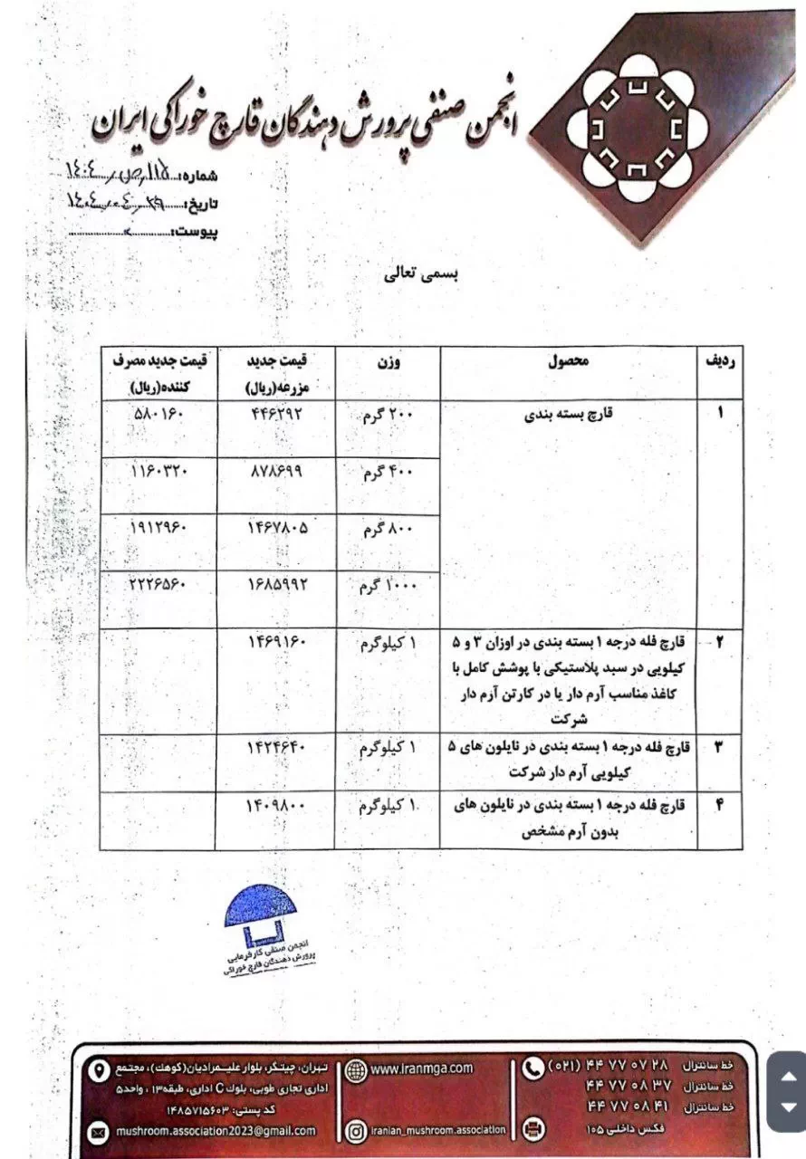 اطلاعیه انجمن صنفی پرورش قارچ کشور در رابطه با بهای جدید فروش قارچ در سال 1404-صفحه دوم