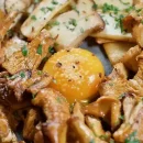 عکس یک ظرف غذای می باشد که در آن خوراک قارچ زرد پیچاک سرو شده است. و در وسط این خوراک یک زرده تخمر مرغ گذاشته اند. طرز تهیه زرد کیجا