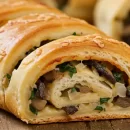 عکسی از طرز تهیه رولت قارچ که یک غذای بین المللی است.شما می‌توانید از رولت قارچ به عنوان یک فینگرفود گیاهی و پیش غذا رولتی در مهمانی استفاده کنید.